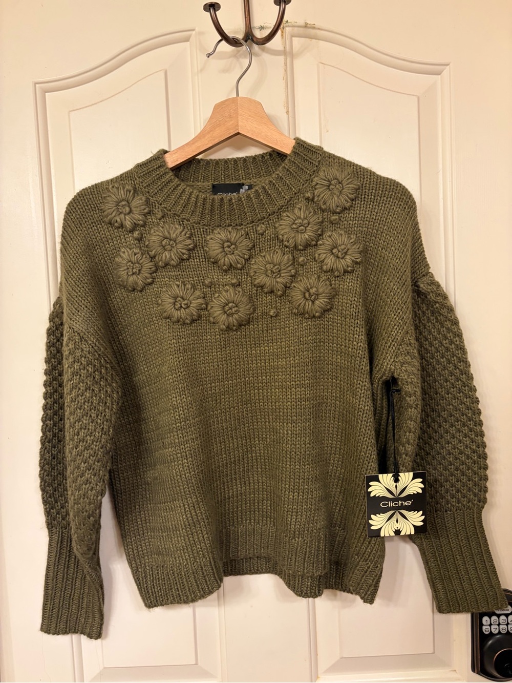 Olive Green Floral-Appliqué Knit Sweater